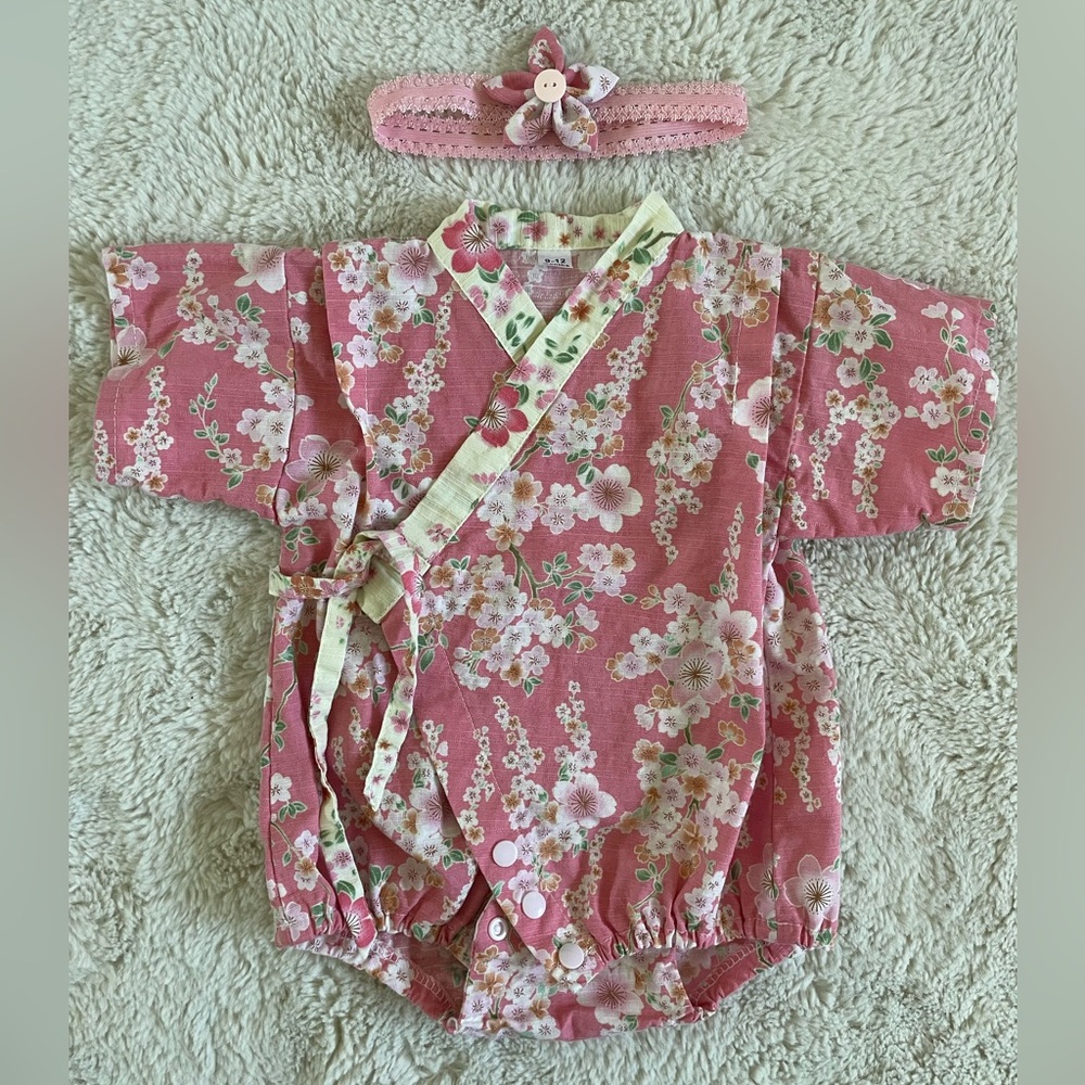 Baby Romper Jinbei Kimono and Headband, Pink/Off-white